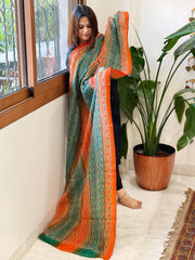 Orange, Aqua Handmade Kantha Dupatta in Silk - Masakalee
