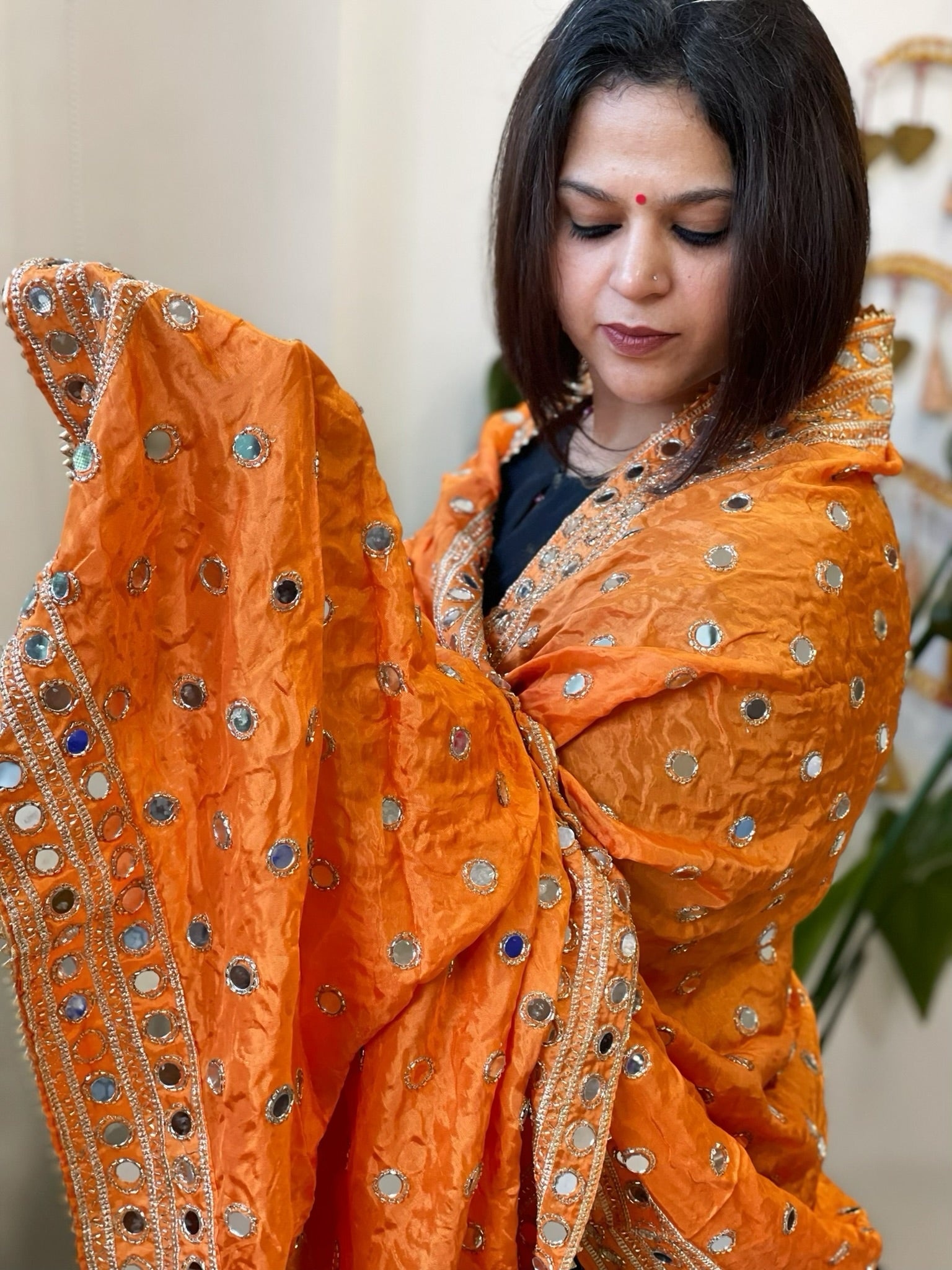 Orange Crepe Dupatta with Mirror and Cut Daana Work with Gota Lace Border - Masakalee