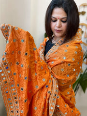 Orange Crepe Dupatta with Mirror and Cut Daana Work with Gota Lace Border - Masakalee