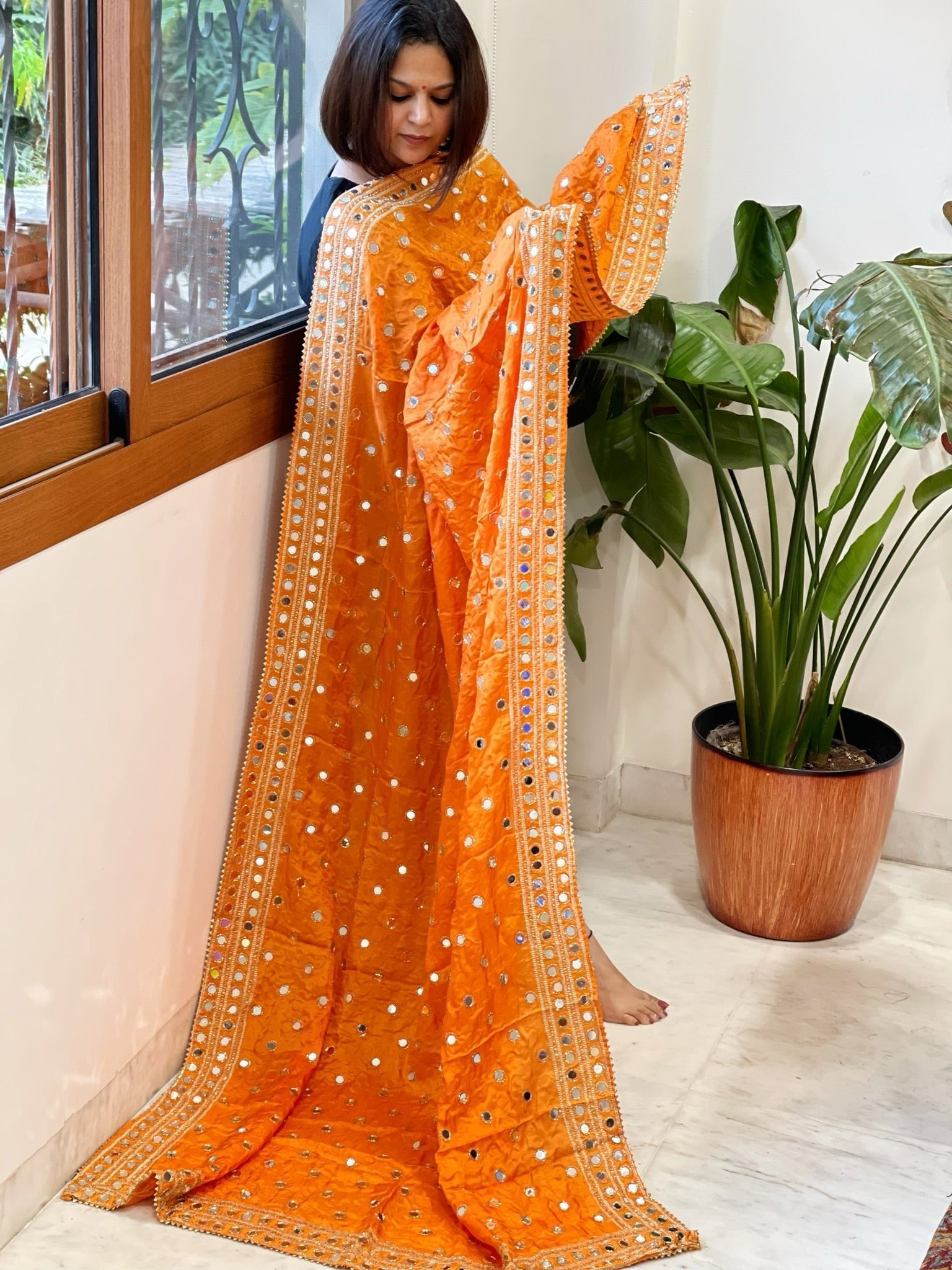 Orange Crepe Dupatta with Mirror and Cut Daana Work with Gota Lace Border - Masakalee