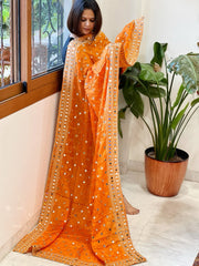 Orange Crepe Dupatta with Mirror and Cut Daana Work with Gota Lace Border - Masakalee