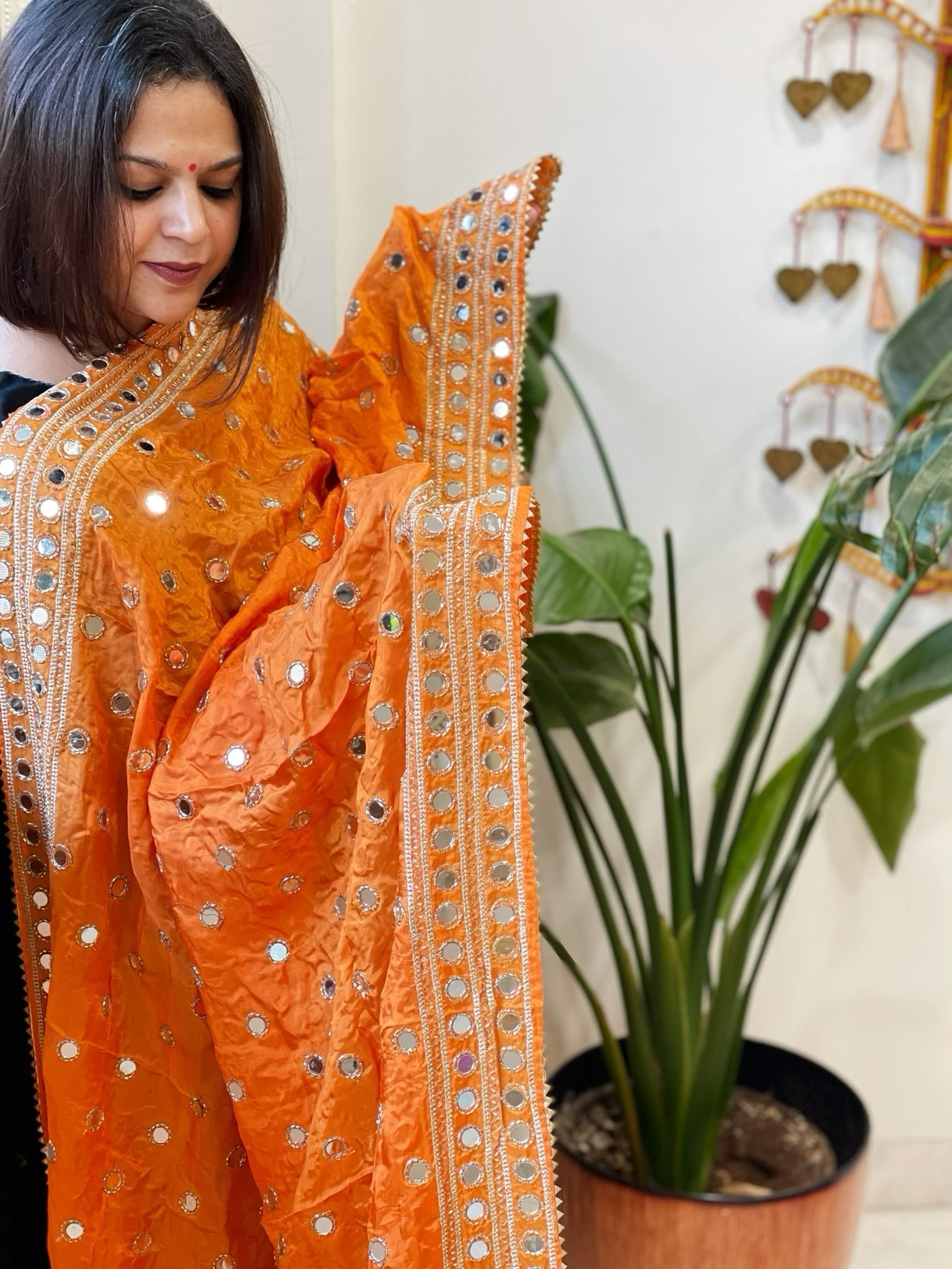 Orange Crepe Dupatta with Mirror and Cut Daana Work with Gota Lace Border - Masakalee