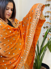 Orange Crepe Dupatta with Mirror and Cut Daana Work with Gota Lace Border - Masakalee