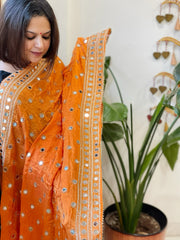 Orange Crepe Dupatta with Mirror and Cut Daana Work with Gota Lace Border - Masakalee