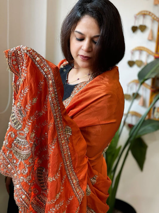 Orange Crepe Dupatta with Pearl, Cut Daana, Gold Thread & Sequin Embroidery - Masakalee