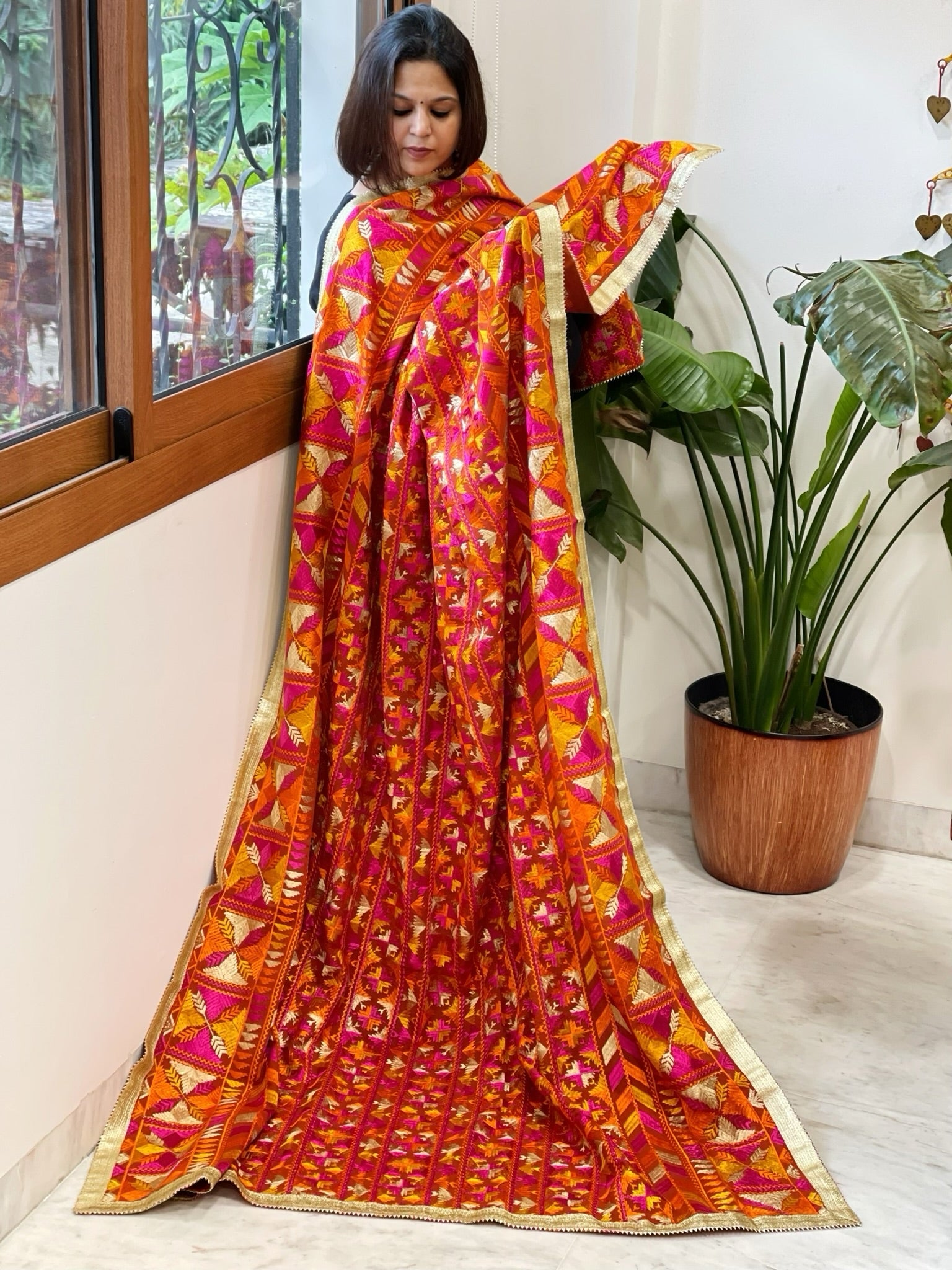 Orange Designer Phulkari Dupatta in Khaddar Cotton - Masakalee