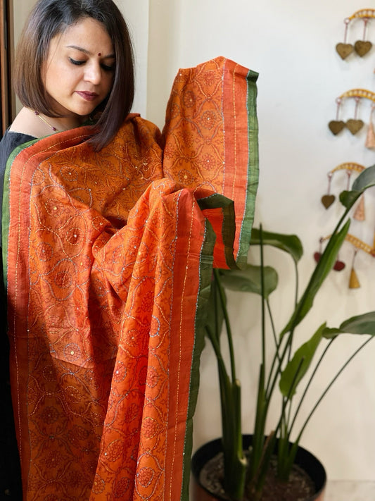 Orange Handmade Nakshi Kantha Dupatta in Pure Tussar Silk - Masakalee