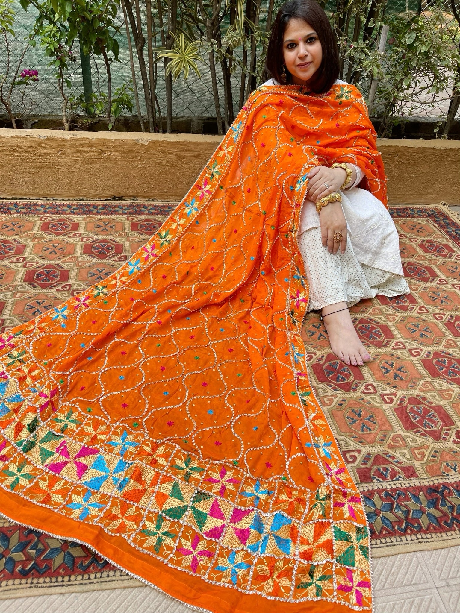 Orange Handmade Phulkari Dupatta in Pure Chinon with Gota Handwork - Masakalee