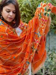 Orange Handmade Phulkari Dupatta in Pure Chinon with Gota Handwork - Masakalee