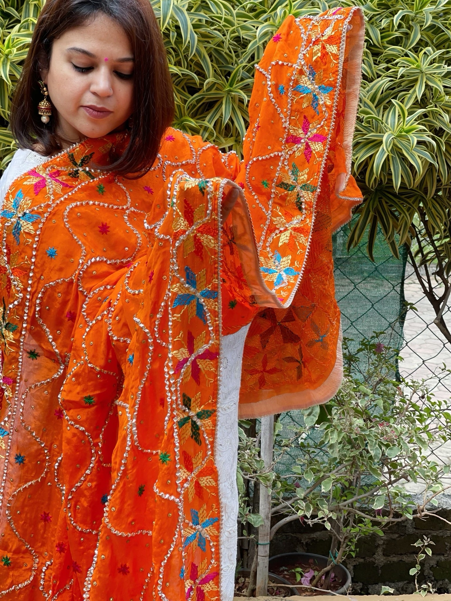 Orange Handmade Phulkari Dupatta in Pure Chinon with Gota Handwork - Masakalee