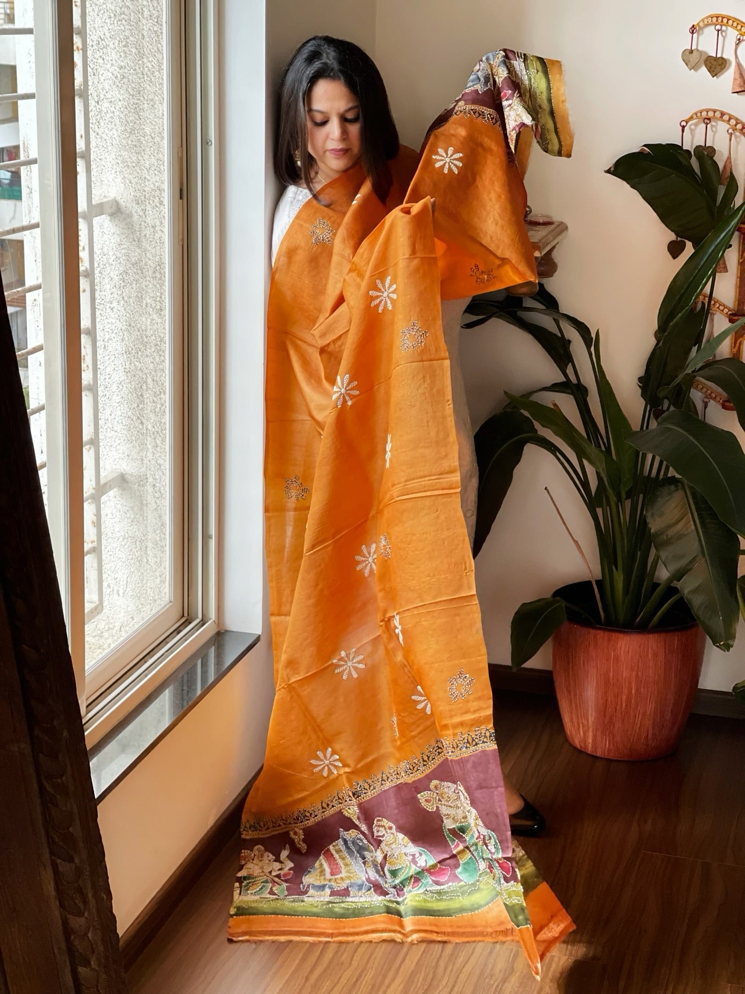 Orange Handpainted Dupatta with Kantha Hand Embroidery in Pure Silk - Masakalee