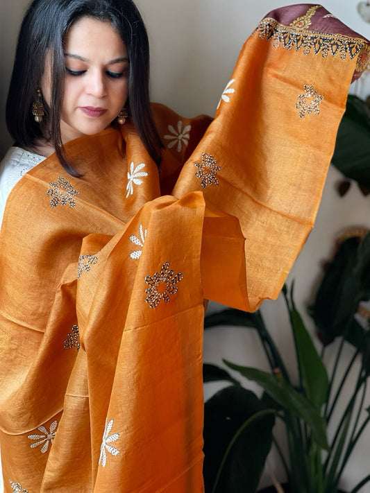 Orange Handpainted Dupatta with Kantha Hand Embroidery in Pure Silk - Masakalee