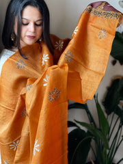 Orange Handpainted Dupatta with Kantha Hand Embroidery in Pure Silk - Masakalee