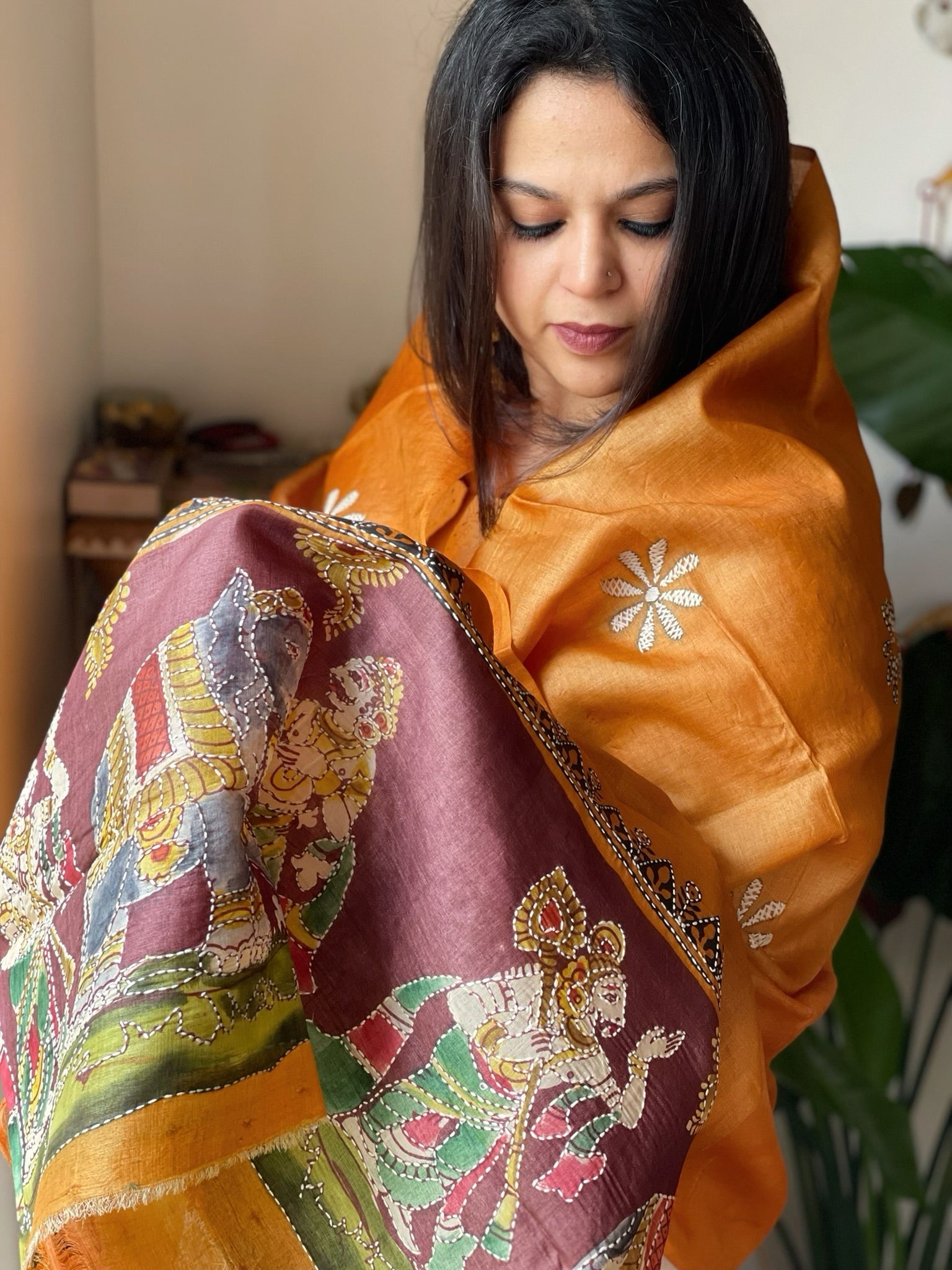 Orange Handpainted Dupatta with Kantha Hand Embroidery in Pure Silk - Masakalee