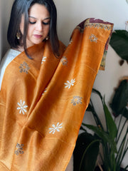 Orange Handpainted Dupatta with Kantha Hand Embroidery in Pure Silk - Masakalee