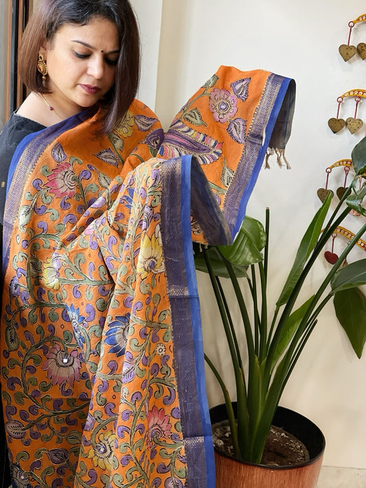 Orange Handpainted Kalamkari Dupatta with Thread & Mirror Handwork in Chanderi Silk - Masakalee