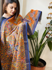 Orange Handpainted Kalamkari Dupatta with Thread & Mirror Handwork in Chanderi Silk - Masakalee