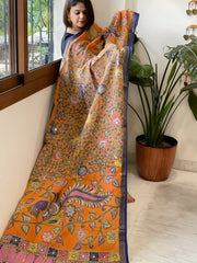 Orange Handpainted Kalamkari Dupatta with Thread & Mirror Handwork in Chanderi Silk - Masakalee