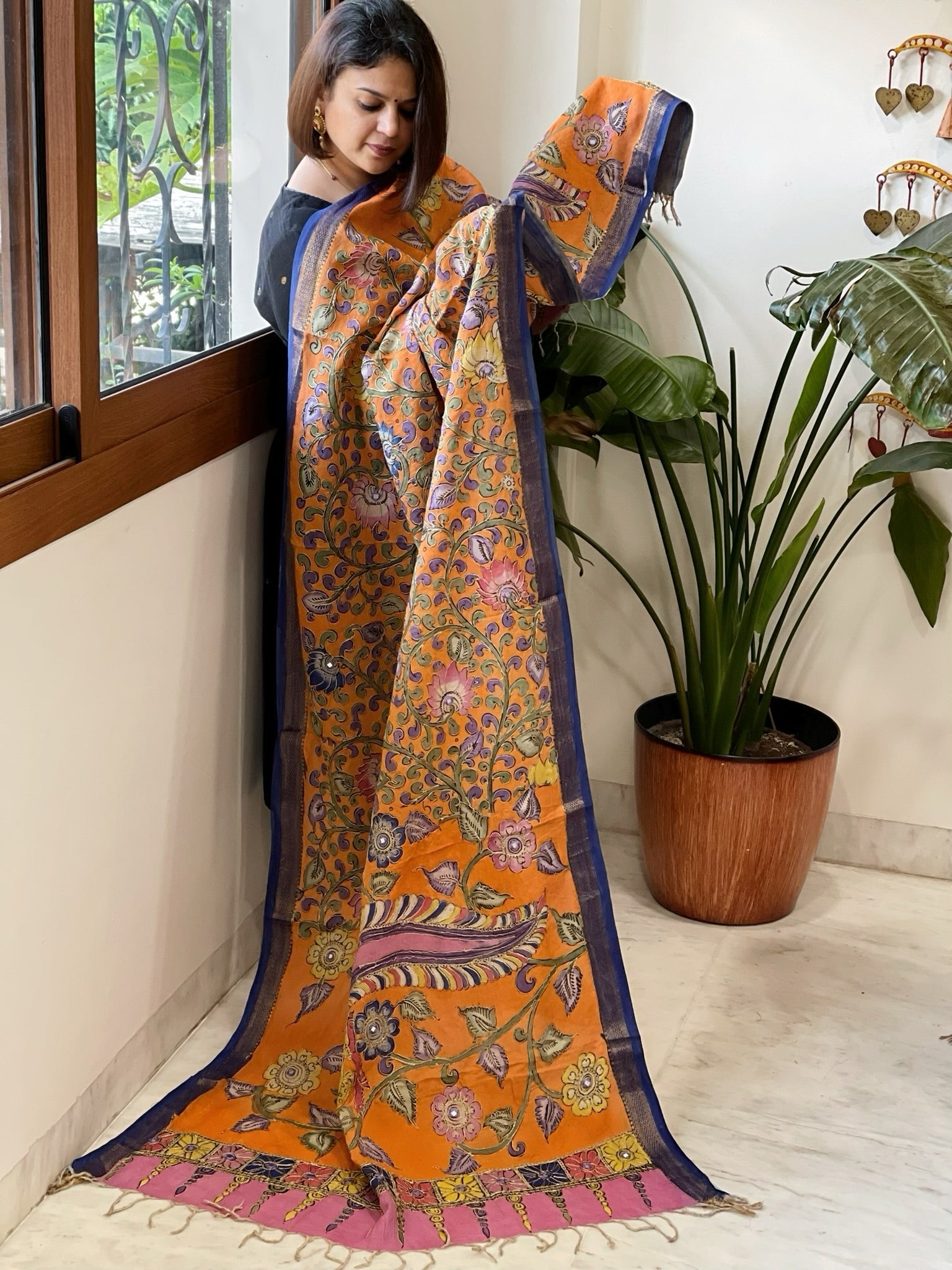 Orange Handpainted Kalamkari Dupatta with Thread & Mirror Handwork in Chanderi Silk - Masakalee