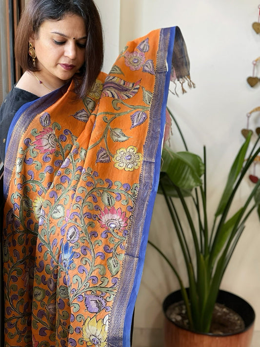 Orange Handpainted Kalamkari Dupatta with Thread & Mirror Handwork in Chanderi Silk - Masakalee
