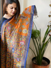 Orange Handpainted Kalamkari Dupatta with Thread & Mirror Handwork in Chanderi Silk - Masakalee