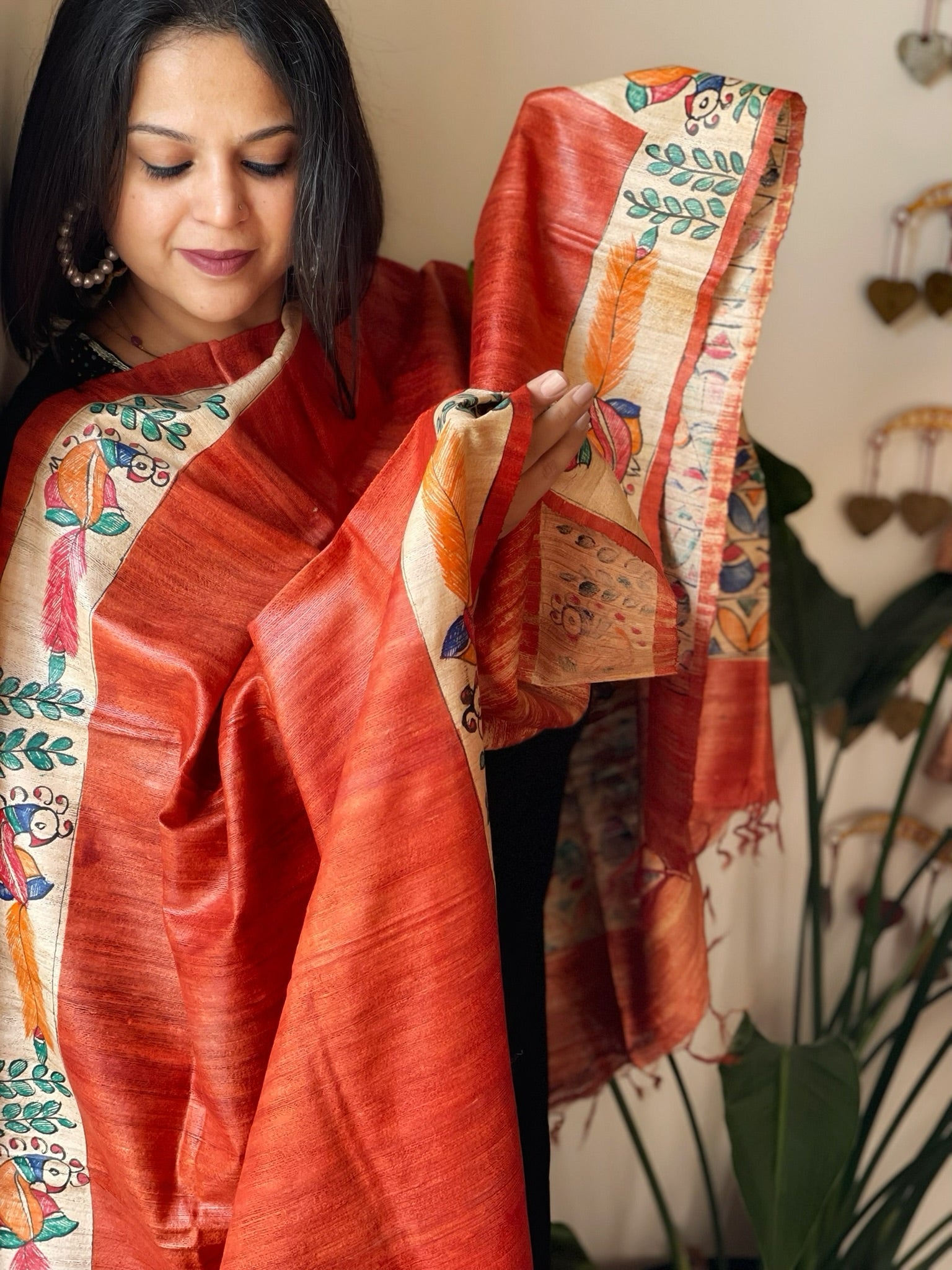 Orange Handpainted Madhubani Dupatta in Pure Tussar Silk - Masakalee