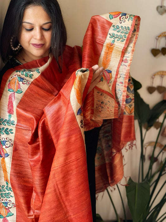 Orange Handpainted Madhubani Dupatta in Pure Tussar Silk - Masakalee