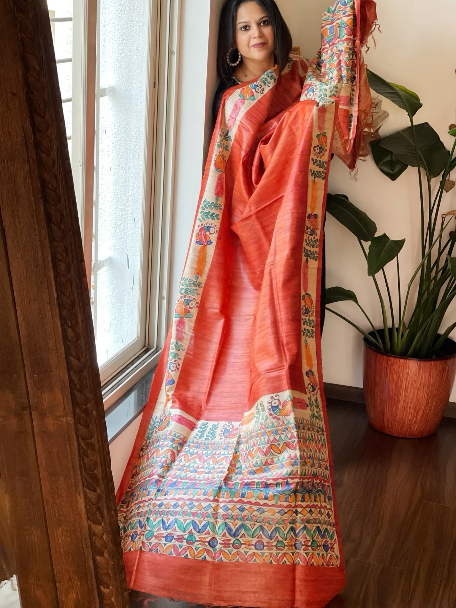 Orange Handpainted Madhubani Dupatta in Pure Tussar Silk - Masakalee