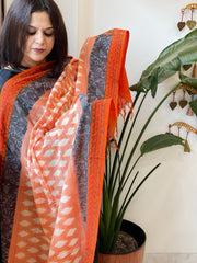 Orange Handwoven Ikat Dupatta with Handpainted Madhubani in Cotton - Masakalee