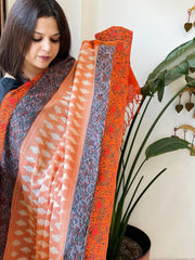 Orange Handwoven Ikat Dupatta with Handpainted Madhubani in Cotton - Masakalee