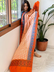 Orange Handwoven Ikat Dupatta with Handpainted Madhubani in Cotton - Masakalee