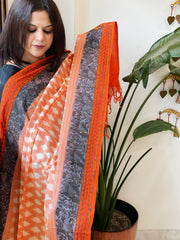 Orange Handwoven Ikat Dupatta with Handpainted Madhubani in Cotton - Masakalee