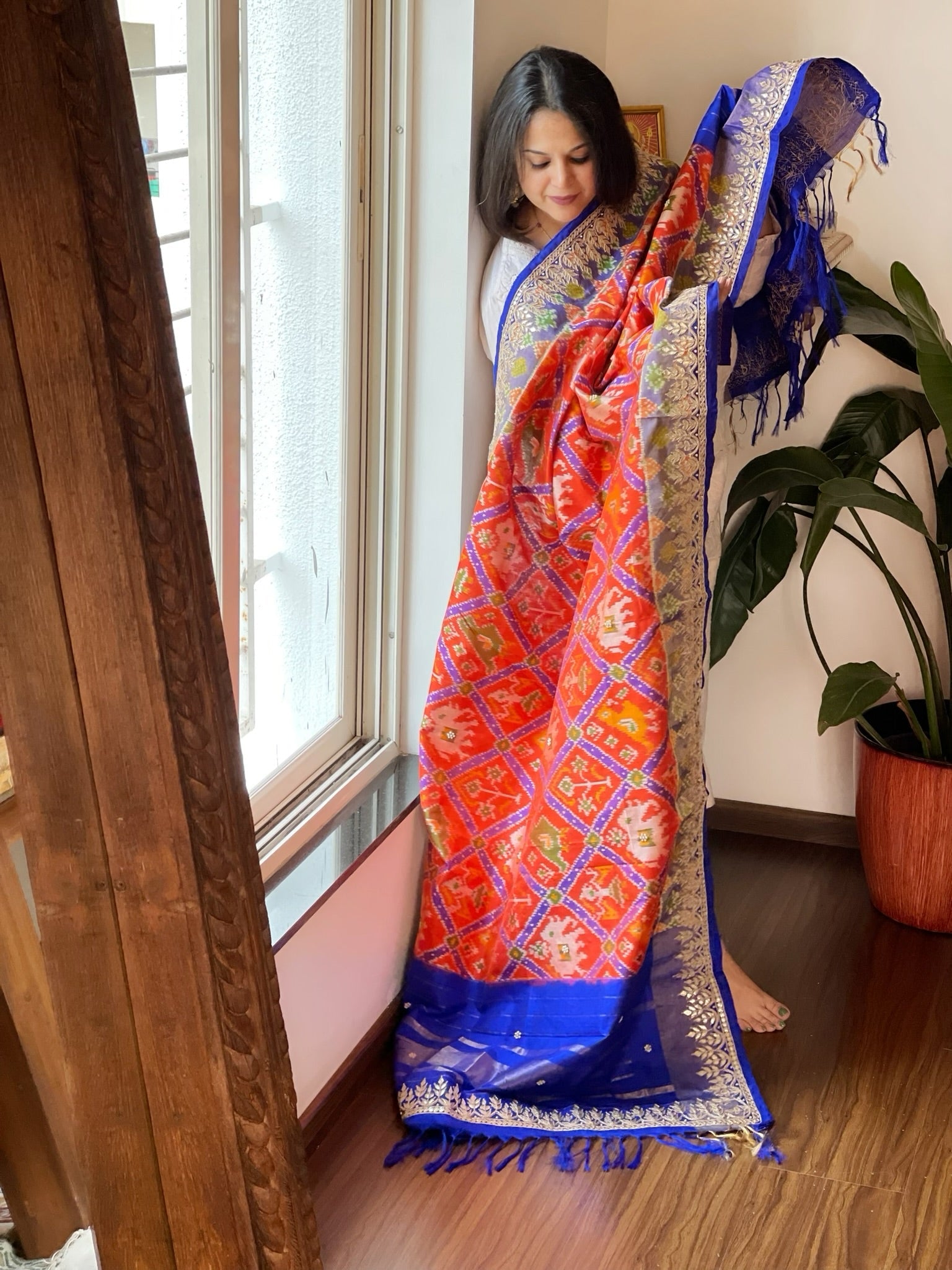 Orange Handwoven Ikat Patola with Gotapatti & Pearl Handwork dupatta in Pure Silk - Masakalee