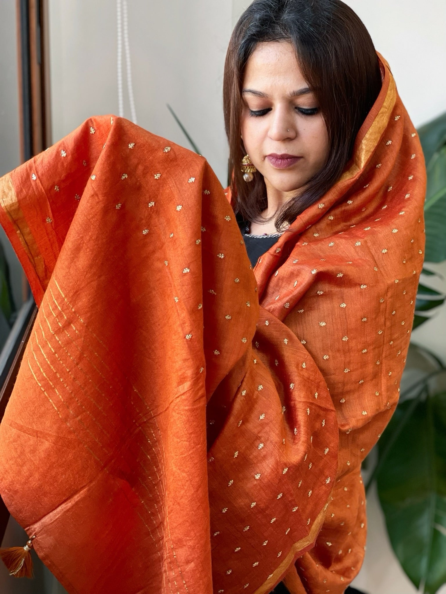 Orange Handwoven Muga Silk dupattas with Hand Embroidery - Masakalee