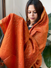 Orange Handwoven Muga Silk dupattas with Hand Embroidery - Masakalee