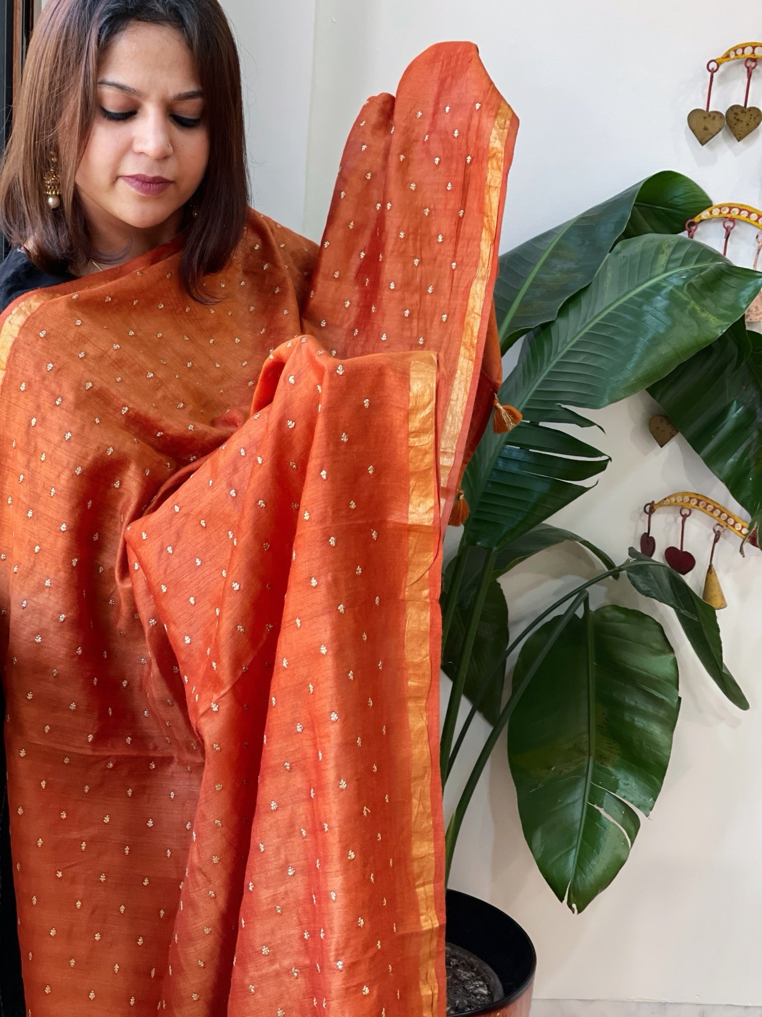 Orange Handwoven Muga Silk dupattas with Hand Embroidery - Masakalee