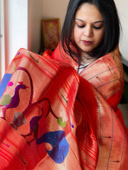Orange Handwoven Triple Zari Border Paithani Dupatta in Pure Silk - Masakalee