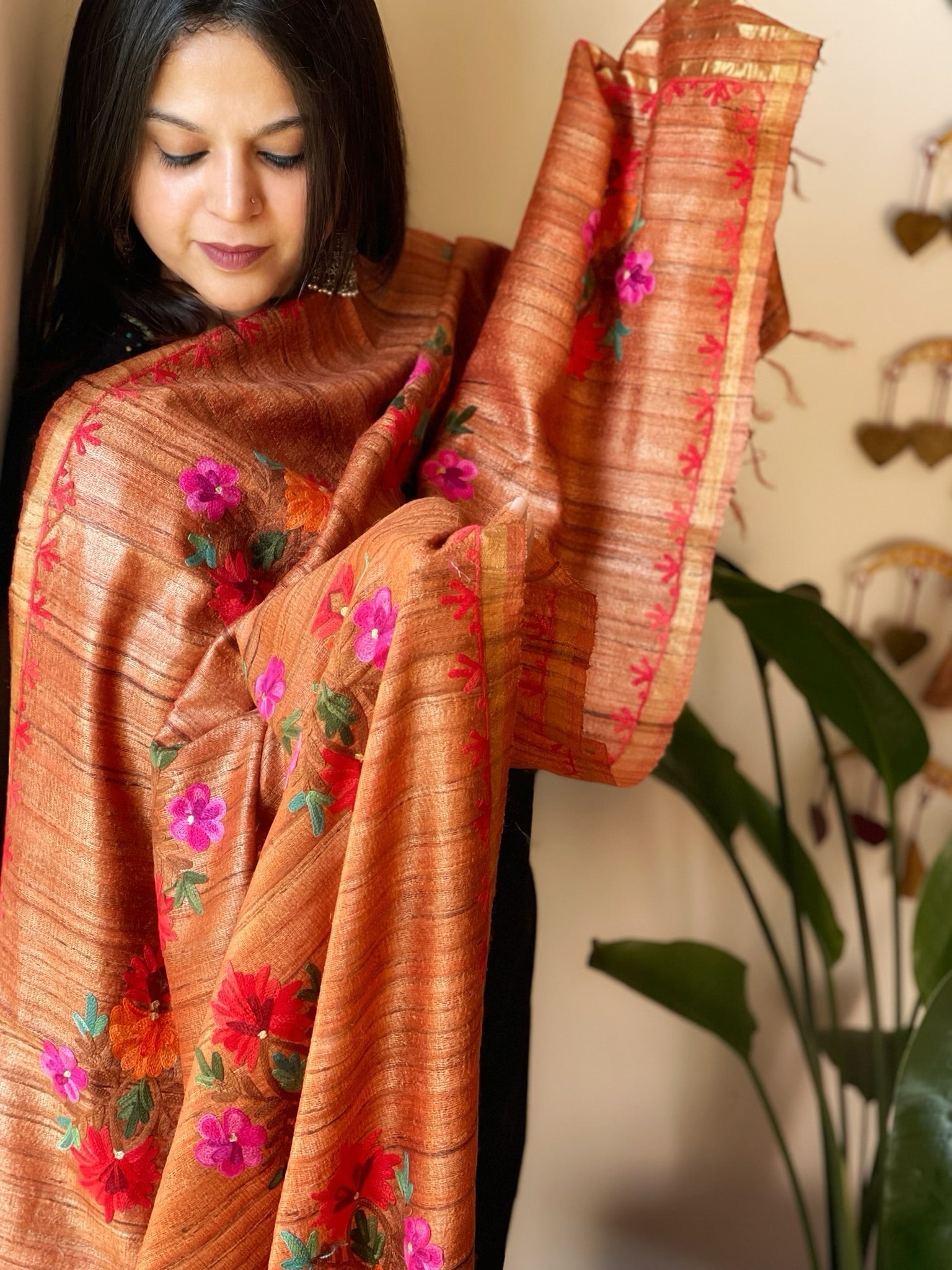 Orange Kashmiri Aari Embroidered Dupatta in Geecha Silk - Masakalee