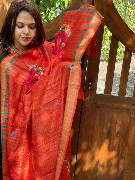 Orange Kashmiri Aari Embroidered Dupatta in Geecha Silk - Masakalee