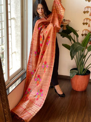 Orange Kashmiri Aari Embroidered Dupatta in Geecha Silk - Masakalee