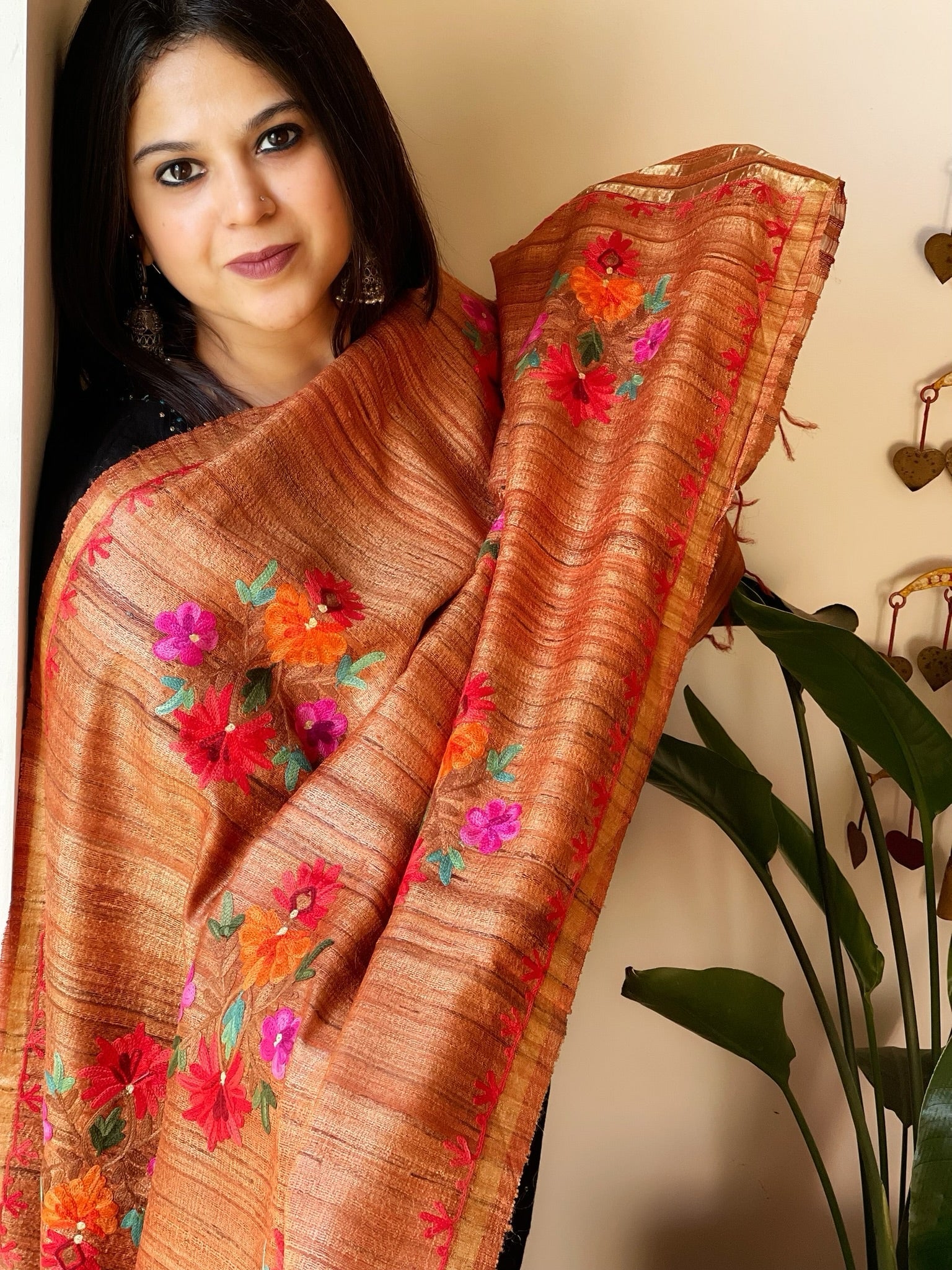 Orange Kashmiri Aari Embroidered Dupatta in Geecha Silk - Masakalee