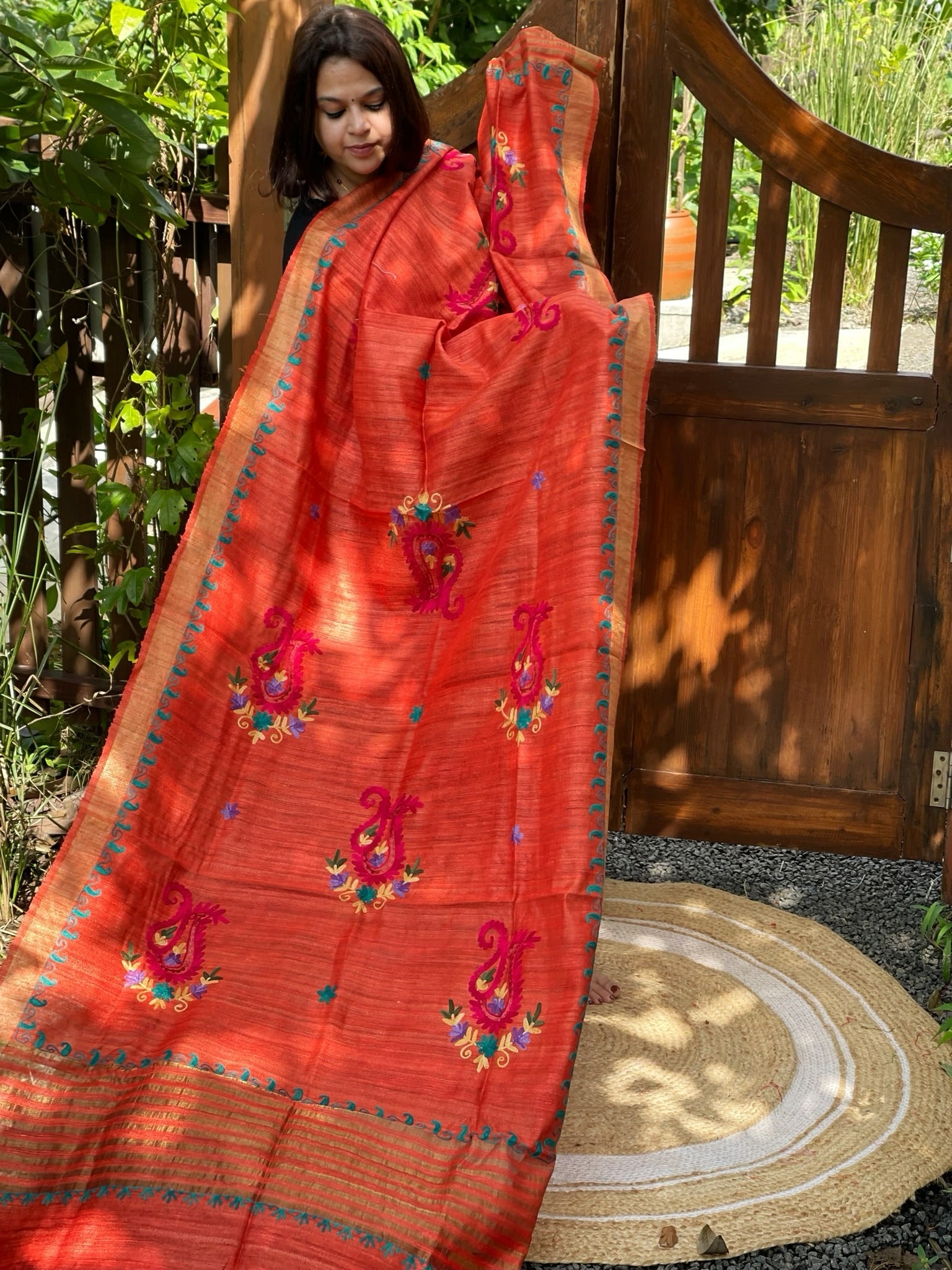 Orange Kashmiri Aari Embroidered Dupatta in Geecha Silk - Masakalee