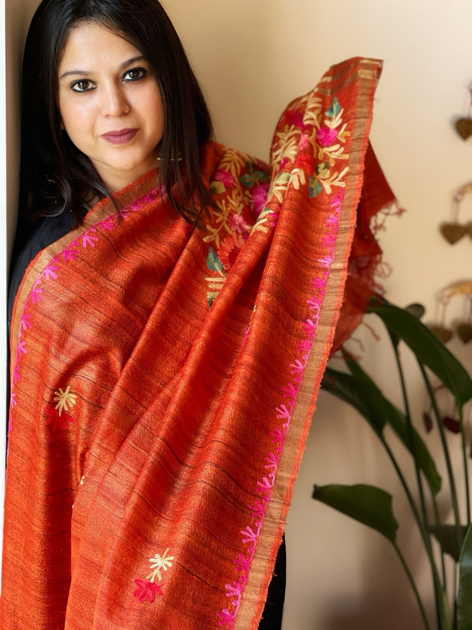 Orange Kashmiri Aari Embroidered Dupatta in Geecha Silk - Masakalee