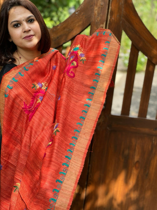 Orange Kashmiri Aari Embroidered Dupatta in Geecha Silk - Masakalee