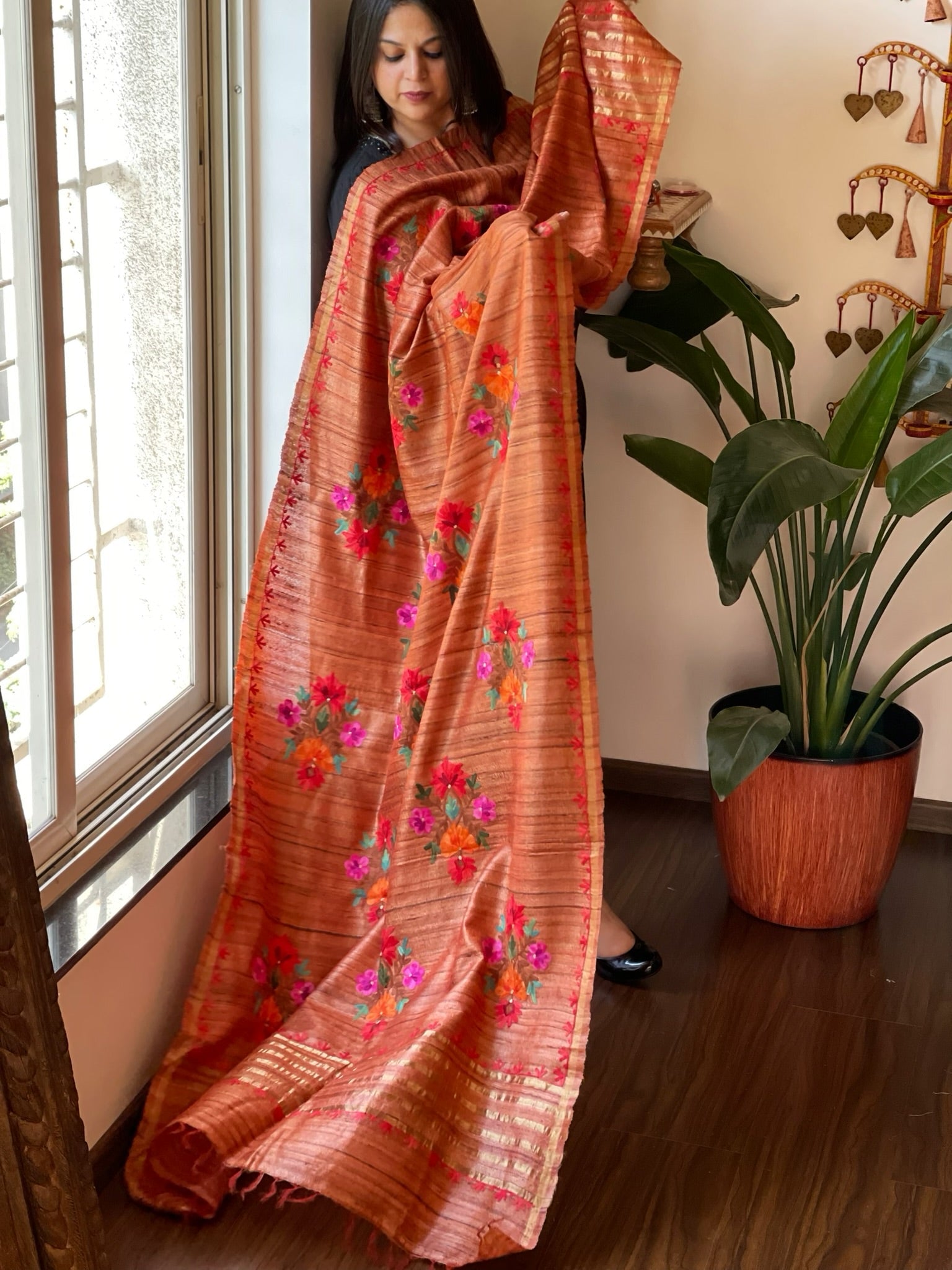 Orange Kashmiri Aari Embroidered Dupatta in Geecha Silk - Masakalee