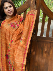 Orange Kashmiri Aari Embroidered Dupatta in Geecha Silk - Masakalee