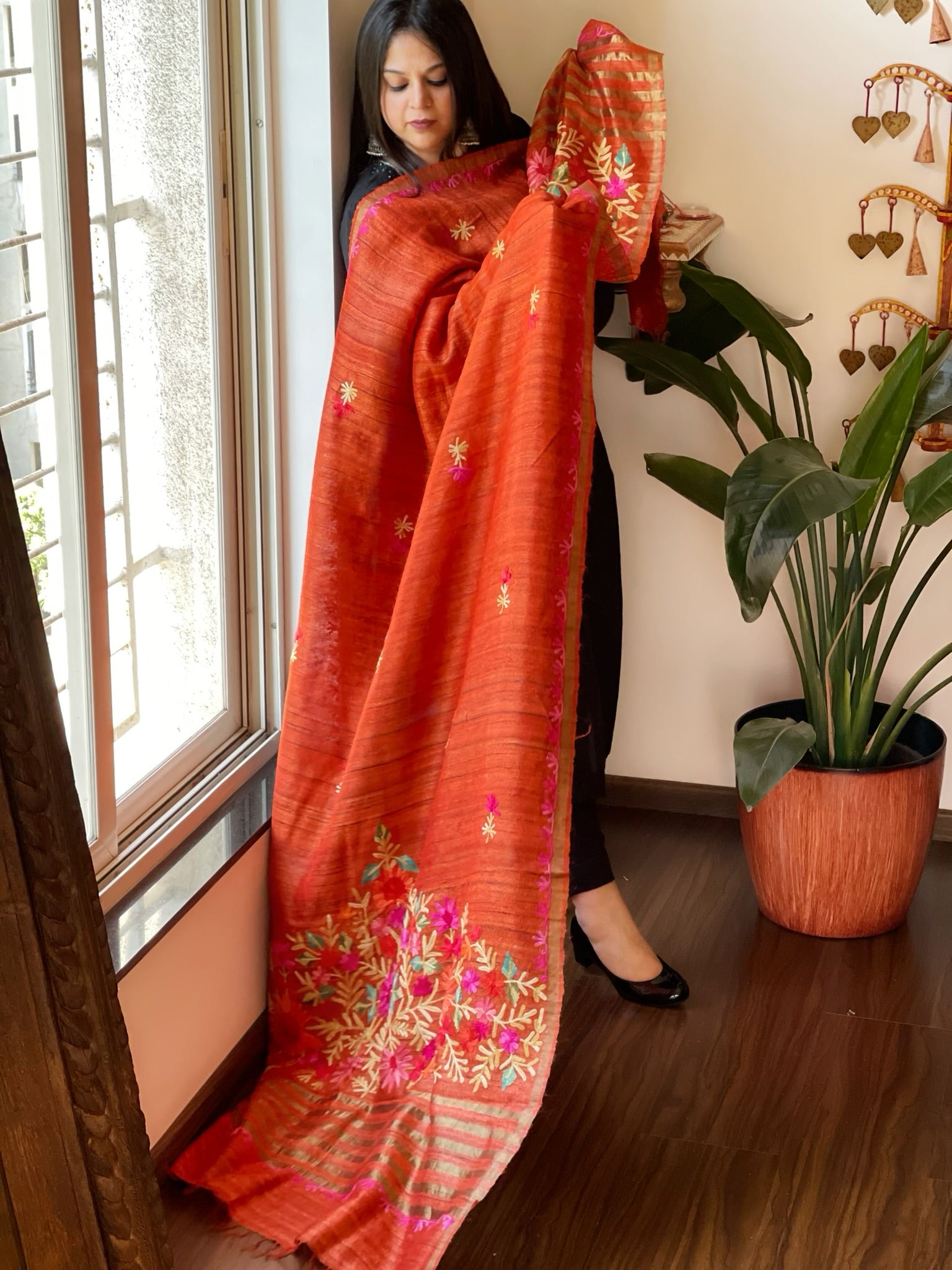 Orange Kashmiri Aari Embroidered Dupatta in Geecha Silk - Masakalee