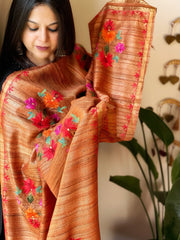 Orange Kashmiri Aari Embroidered Dupatta in Geecha Silk - Masakalee