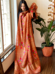 Orange Kashmiri Aari Embroidered Dupatta in Geecha Silk - Masakalee