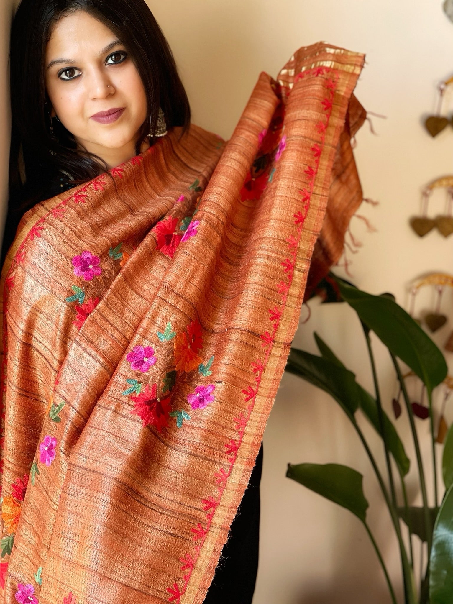 Orange Kashmiri Aari Embroidered Dupatta in Geecha Silk - Masakalee